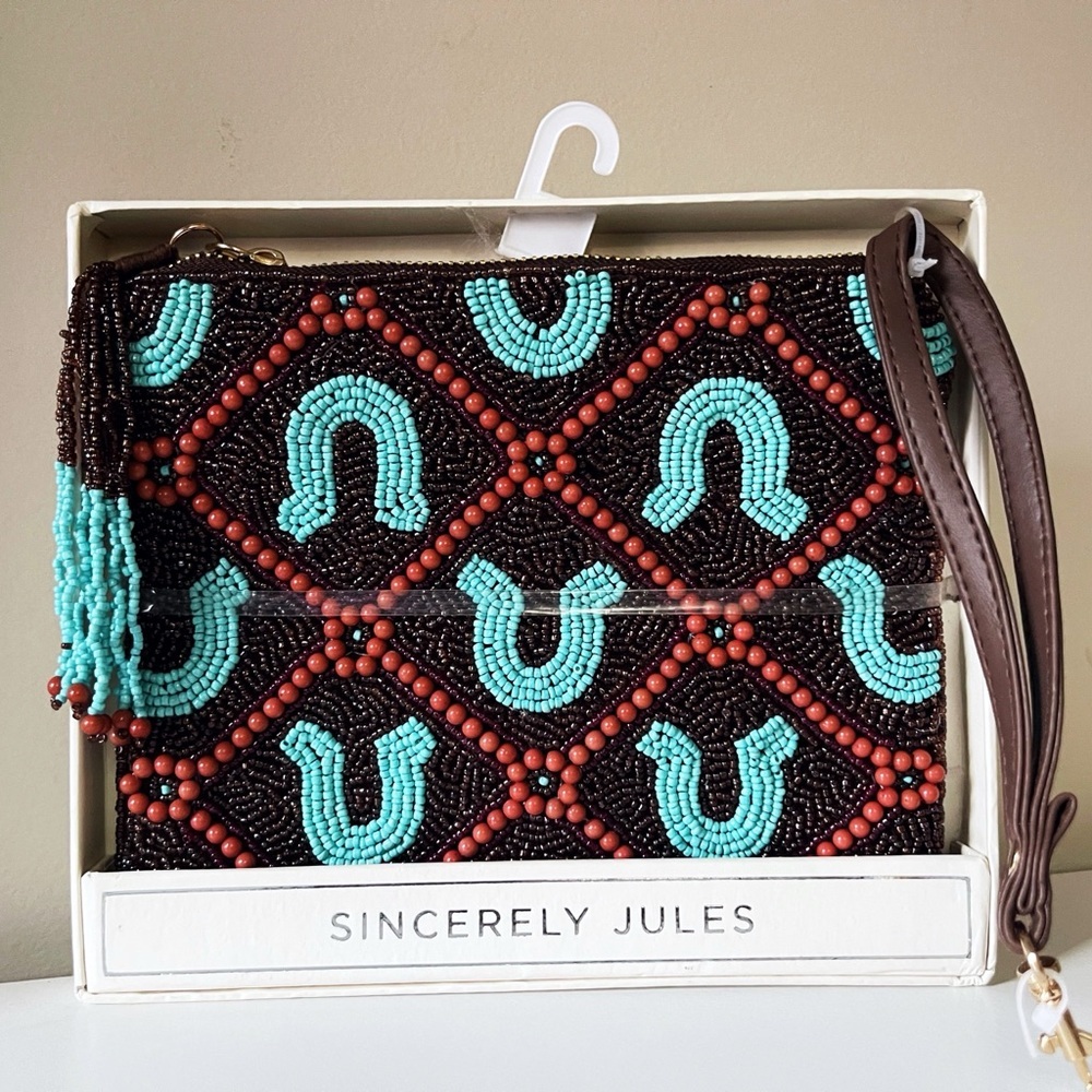 Sincerely Jules Boho Beaded Wristlet - Brown and Turquoise Western Vacation